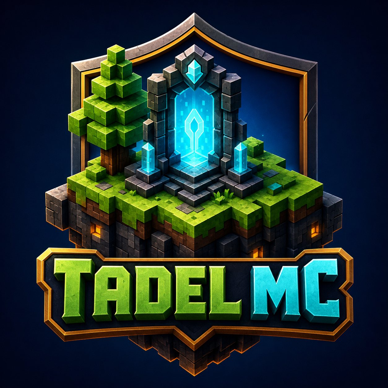 Logo serwera TADEL MC — voxelowa wyspa z portalem